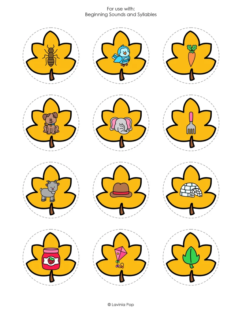 Yellow leaf picture cards for preschool fall leaves sensory bins, with ant, bird, carrot, and other pictures for beginning sounds and syllable activities.