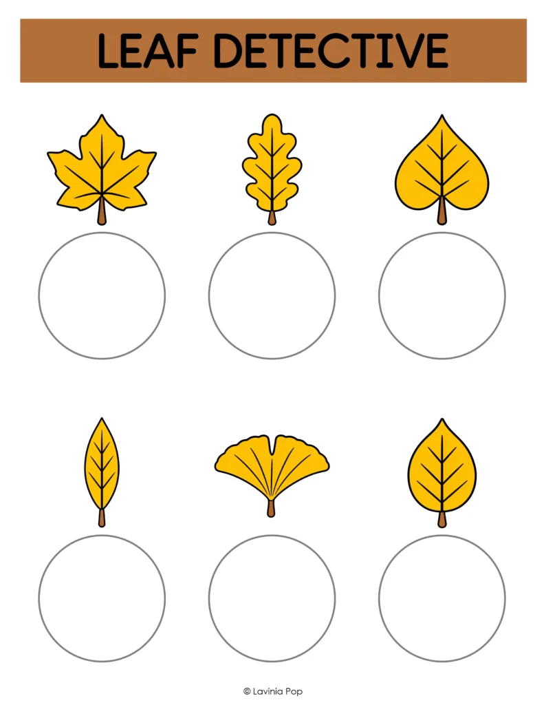 Printable Leaf Detective mat for fall leaves sensory bins, with six yellow leaf shapes and empty circles for matching pieces.