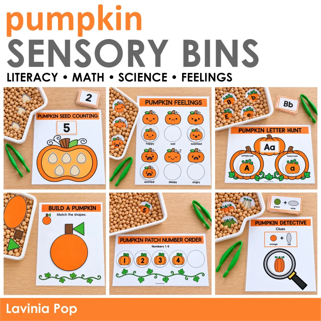 Pumpkin sensory bins for preschool with printable letter matching, seed counting, number order, shape building, feelings, and pumpkin detective activities.