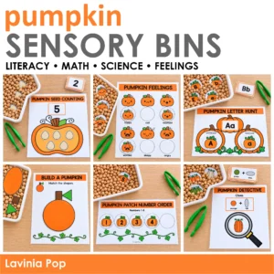 Pumpkin sensory bins for preschool with printable letter matching, seed counting, number order, shape building, feelings, and pumpkin detective activities.