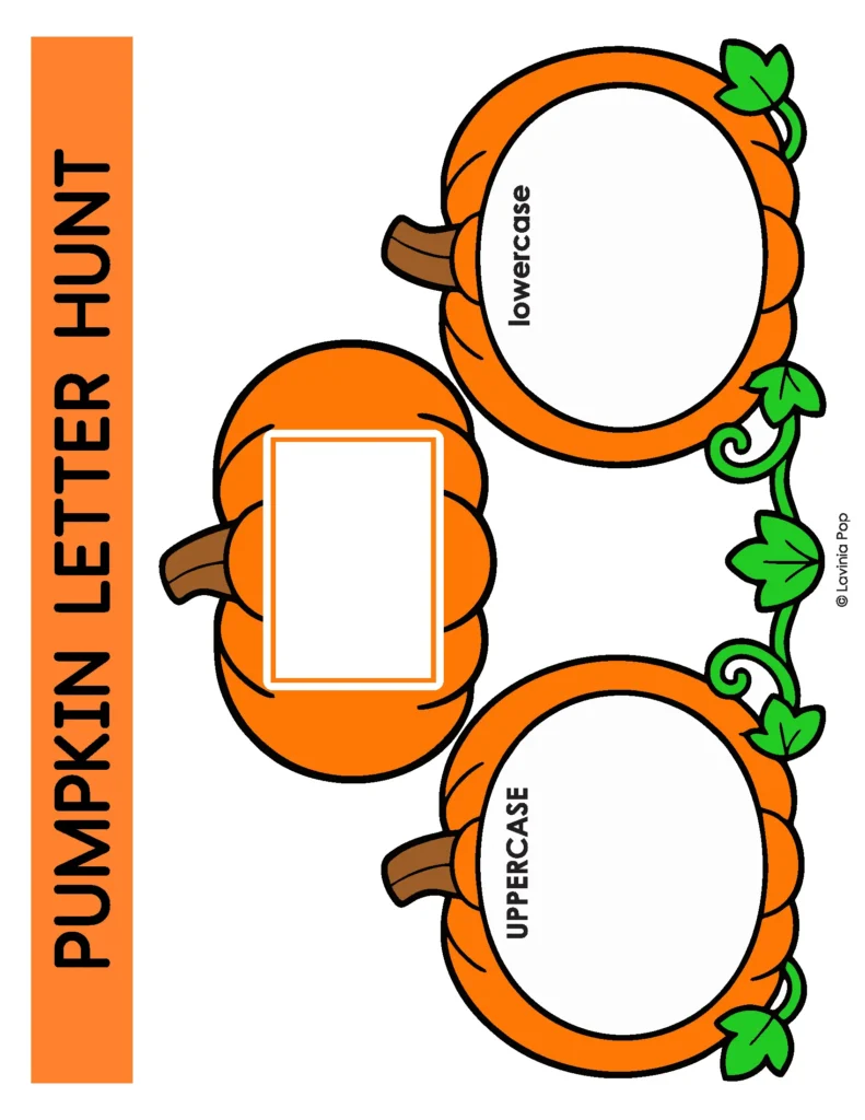 Pumpkin Letter Hunt printable mat with a letter-card space and two pumpkins labeled uppercase and lowercase, joined by green vines.