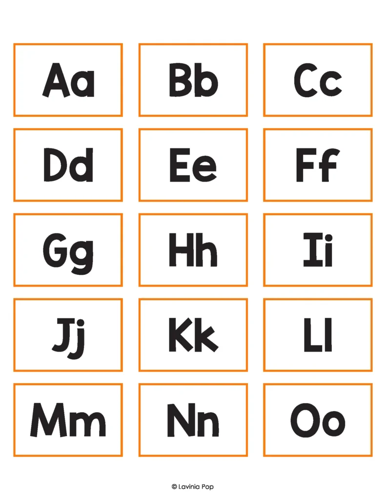 Fifteen printable letter-pair cards showing uppercase and lowercase letters Aa through Oo in orange-bordered rectangles.