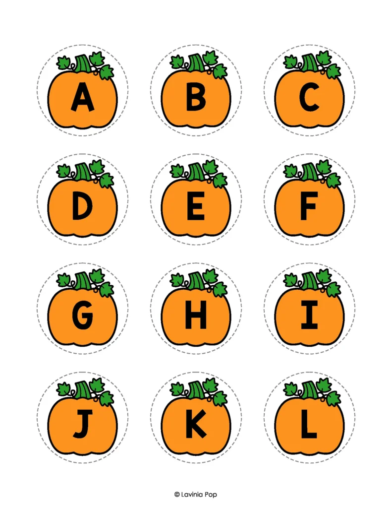 Twelve orange pumpkin pieces showing uppercase letters A through L, each surrounded by a dashed circular cutting guide.