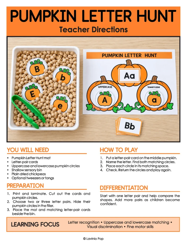 Teacher directions for Pumpkin Letter Hunt with materials, preparation, play steps, and a photo of the matching mat beside a chickpea sensory bin.