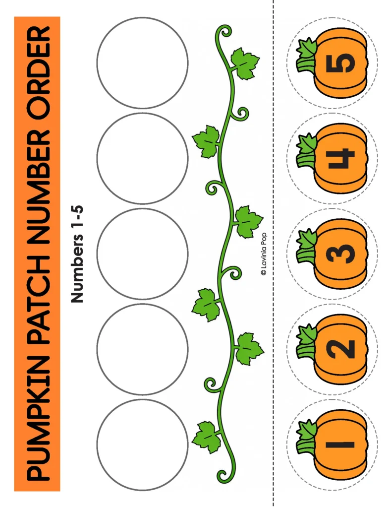 Number-order mat with five empty circles above a green vine and pumpkin pieces numbered 1 through 5 to cut out.