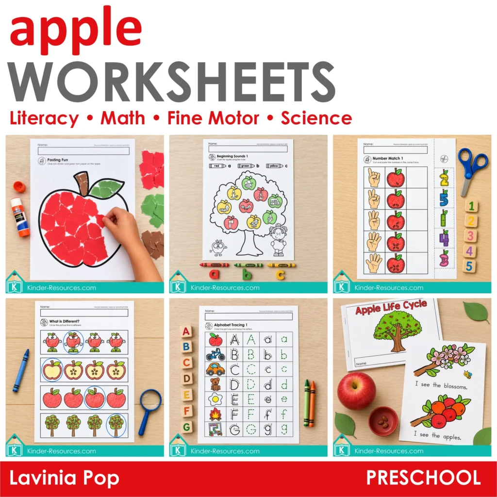 Apple preschool worksheets featuring literacy, math, fine motor, visual discrimination, alphabet tracing, and apple life cycle activities.