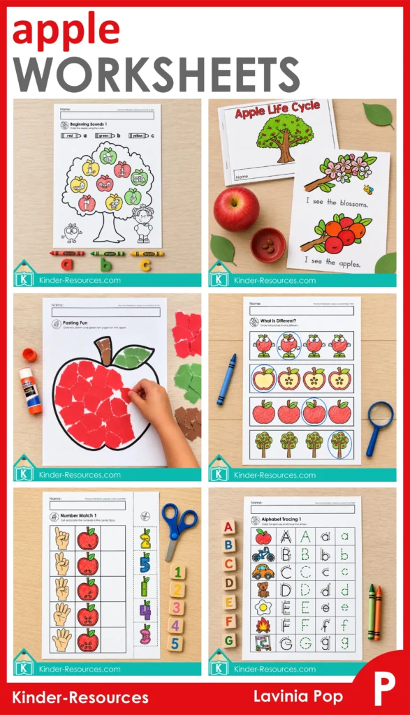 Apple preschool worksheets featuring literacy, math, fine motor, visual discrimination, alphabet tracing, and apple life cycle activities.