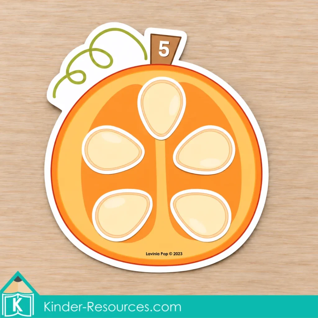 Pumpkin centers for preschool with numbered pumpkin mats and seed pieces to practice counting and matching quantities to numerals.