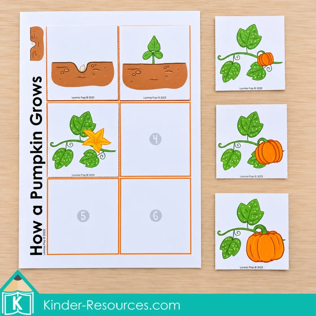 Pumpkin centers for preschool with pumpkin life cycle picture cards to sequence growth stages and develop oral language.