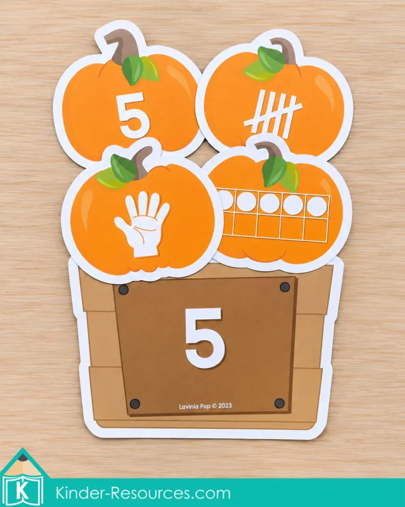 Pumpkin centers for preschool with numbered baskets and pumpkin cards to match numerals, tally marks, fingers, and ten frames.