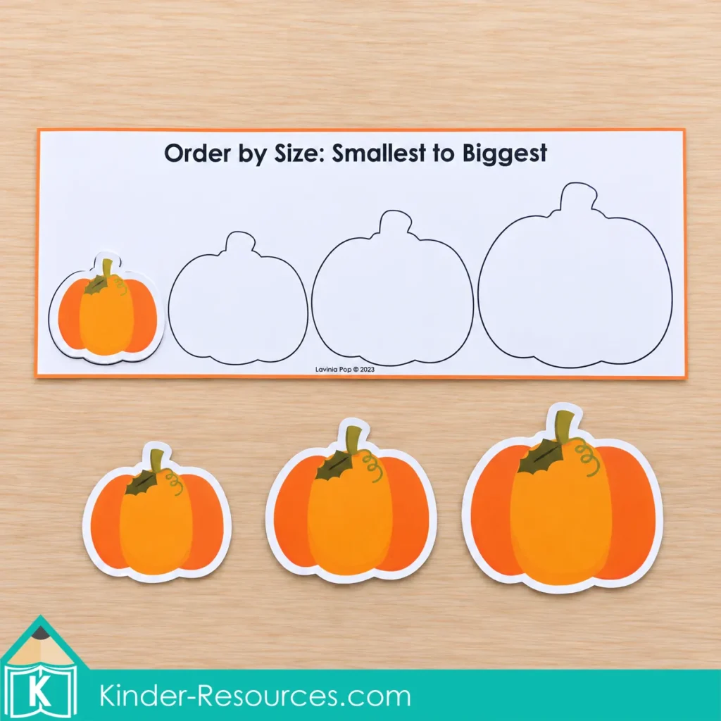 Pumpkin centers for preschool with pumpkin pieces and a size ordering mat to compare sizes and arrange objects from smallest to biggest.