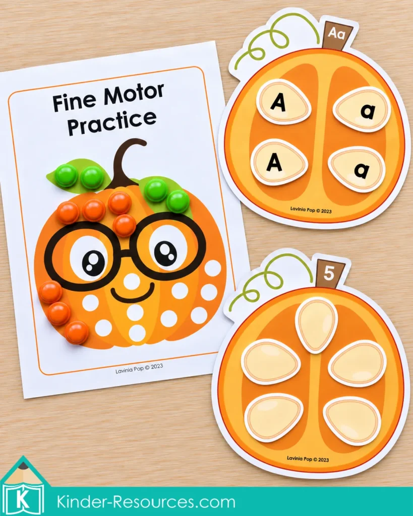 Pumpkin centers for preschool with pumpkin seed counting, alphabet matching, and fine motor activities to build early learning skills.