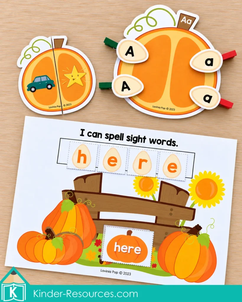 mpkin centers for preschool with rhyming puzzles, alphabet matching, and sight word building to develop early literacy skills.
