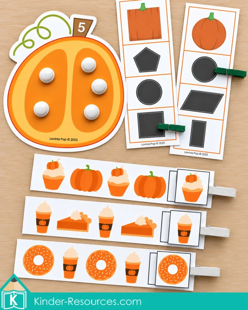 Pumpkin centers for preschool with counting mats, shape clip cards, and AB pattern strips to develop number sense and early math skills.