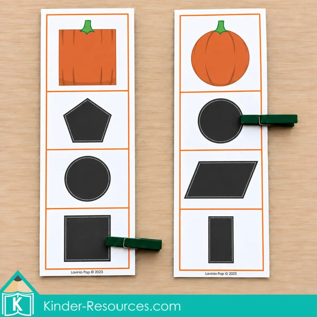 Pumpkin centers for preschool with shape clip cards to identify and match two dimensional shapes while developing fine motor control.