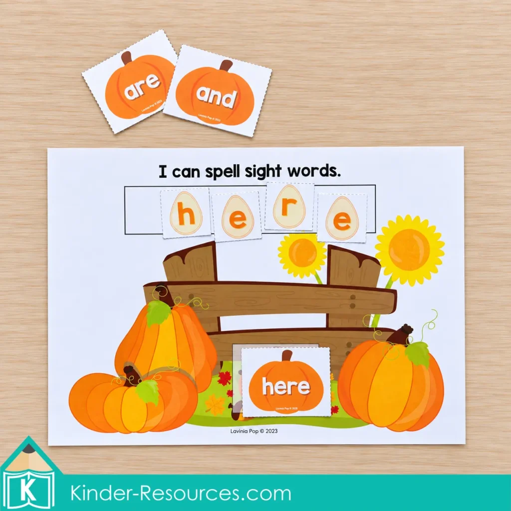 Pumpkin centers for preschool with pumpkin word cards and seed letter tiles to practice building and spelling sight words.