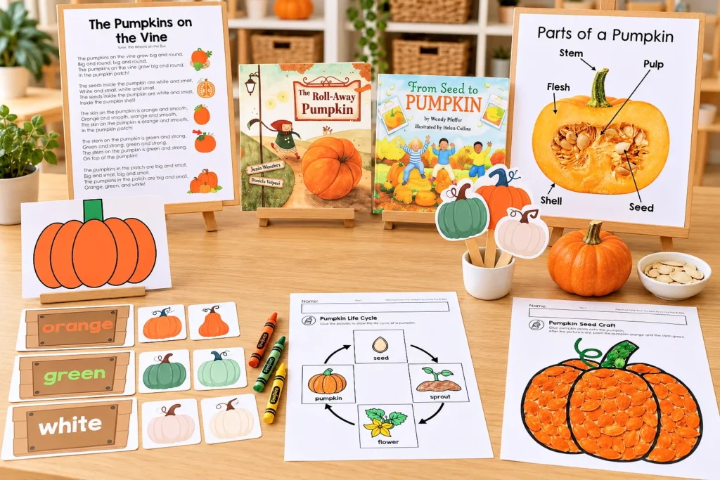 Pumpkin circle time activities for preschool with read aloud books, song props, science posters, color sorting, life cycle sequencing, and seed art.