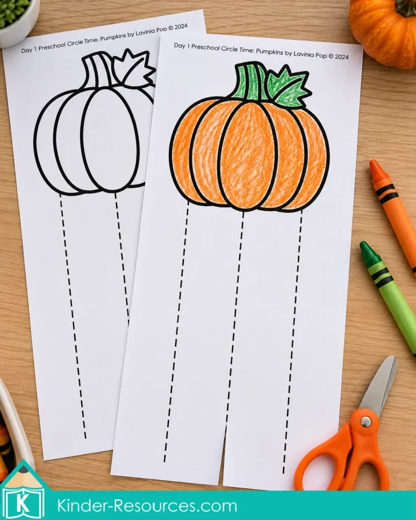 Straight line cutting strips for scissor control during pumpkin circle time activities for preschool.