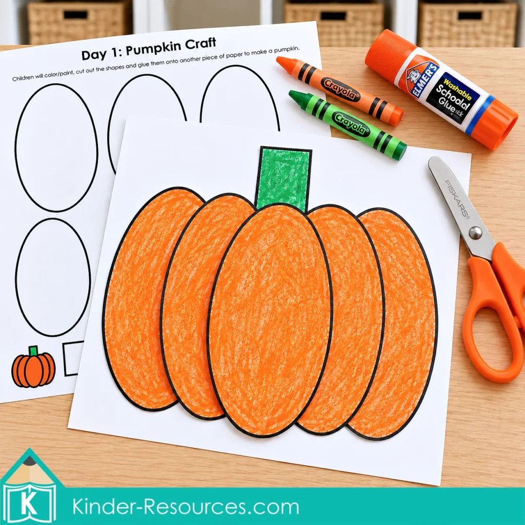Oval pumpkin craft for cutting, gluing, and shape recognition during pumpkin circle time activities for preschool.