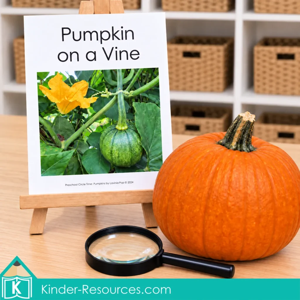 Pumpkin on a Vine poster for plant vocabulary and observation during pumpkin circle time activities for preschool.