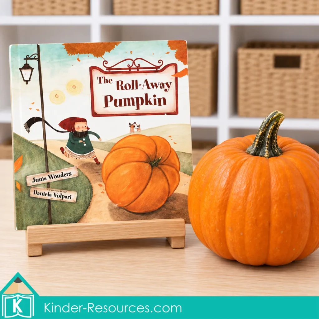 The Roll Away Pumpkin read aloud for story predictions during pumpkin circle time activities for preschool.