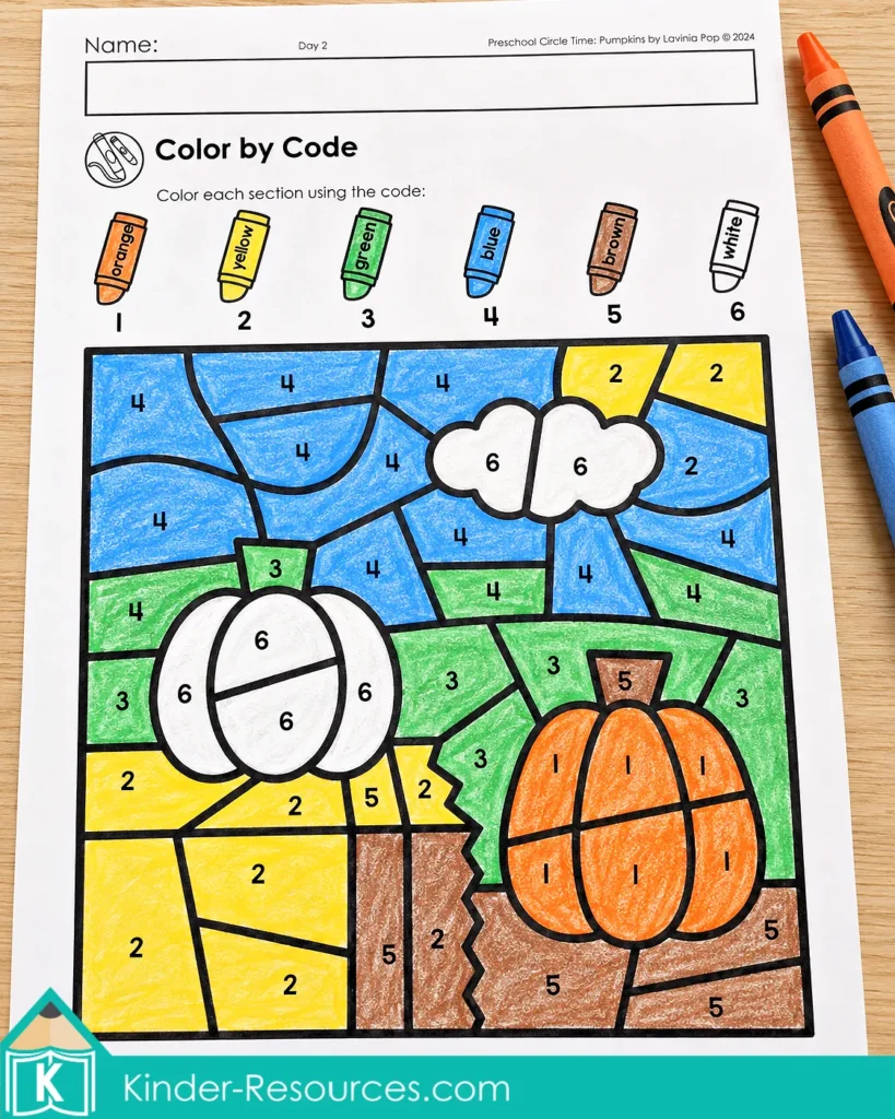 Pumpkin color by code worksheet for numbers 1 to 6 and color matching during pumpkin circle time activities for preschool.