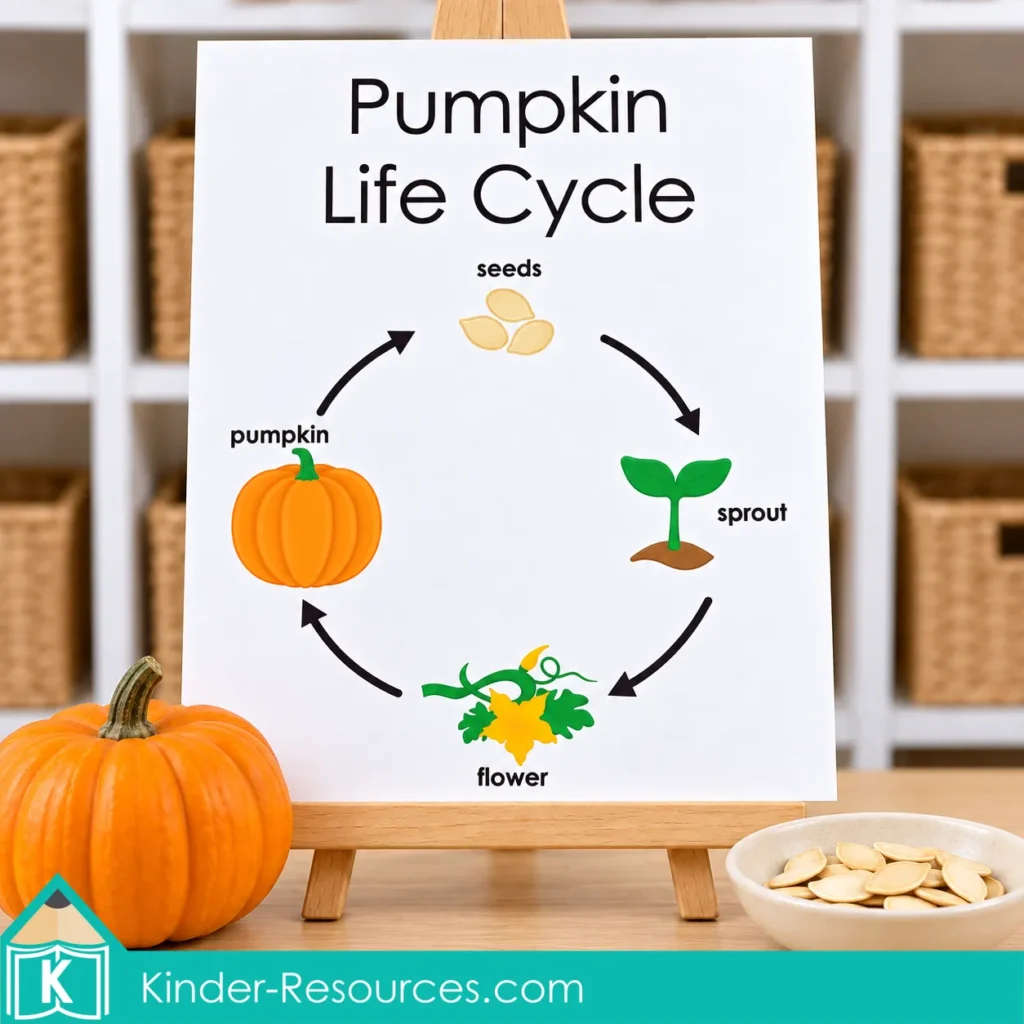 Pumpkin circle time activities for preschool with a poster introducing the seed, sprout, flower, and pumpkin stages.