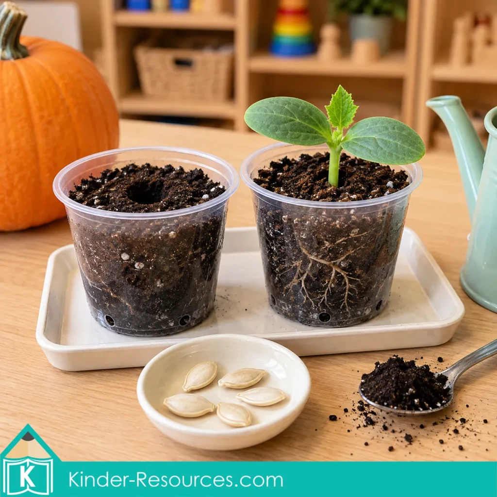 Pumpkin circle time activities for preschool with seeds and clear planting cups for observing roots and plant growth.