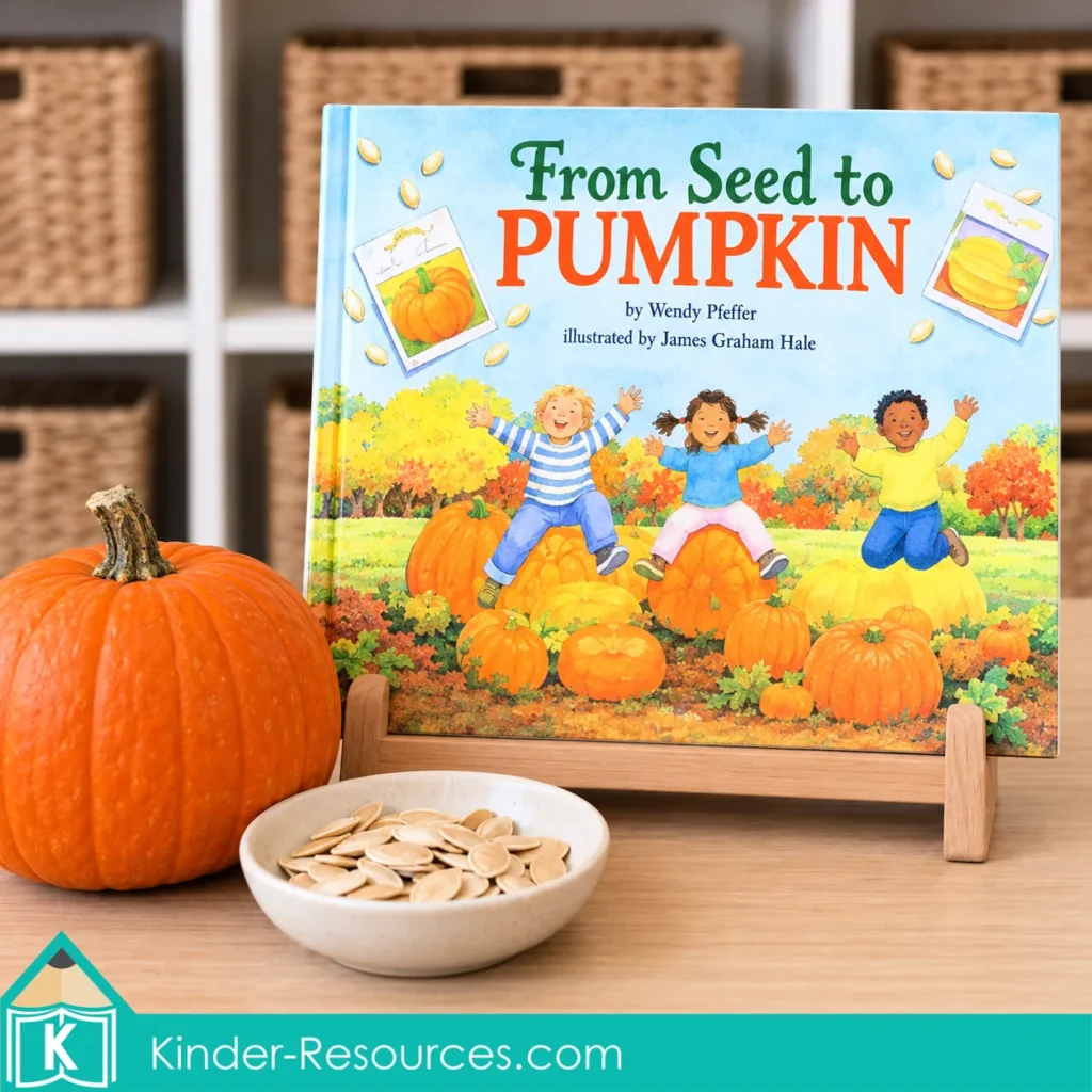 From Seed to Pumpkin read aloud for learning about plant growth during pumpkin circle time activities for preschool.