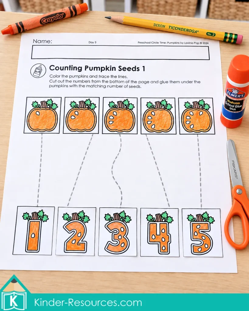 Pumpkin seed counting and tracing worksheet for numbers 1 to 5 during pumpkin circle time activities for preschool.