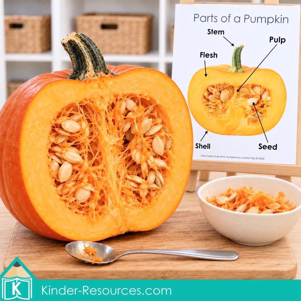 Cut pumpkin and labeled parts poster for science vocabulary during pumpkin circle time activities for preschool.