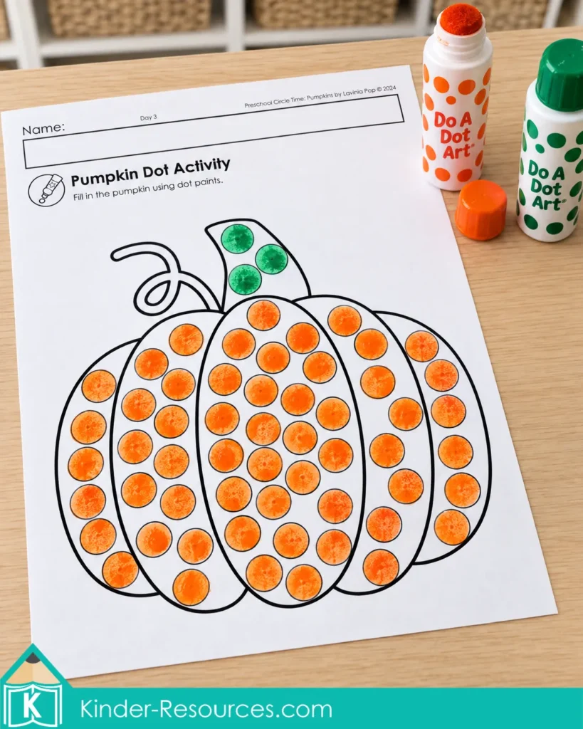 Pumpkin dot marker printable for hand control and coordination during pumpkin circle time activities for preschool.