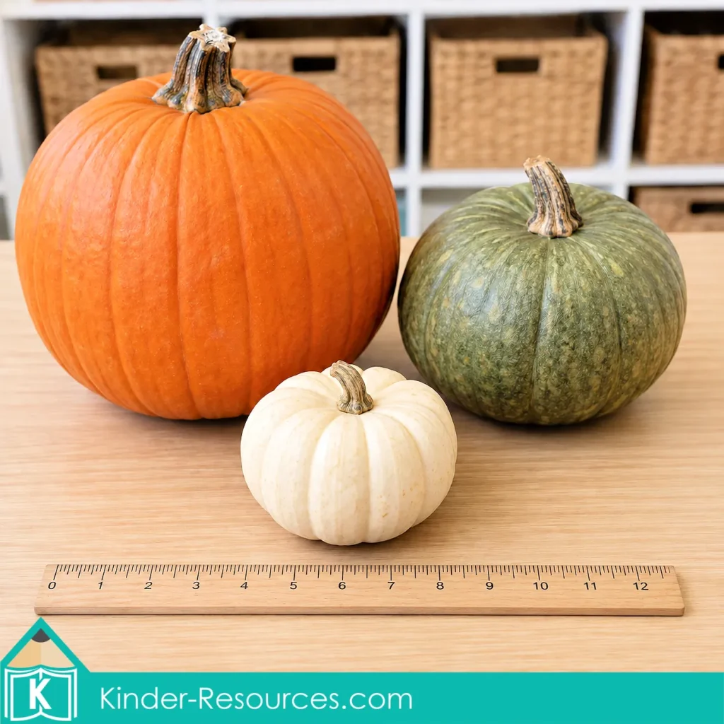 Pumpkin circle time activities for preschool with real pumpkins and a ruler for measuring and comparing sizes.