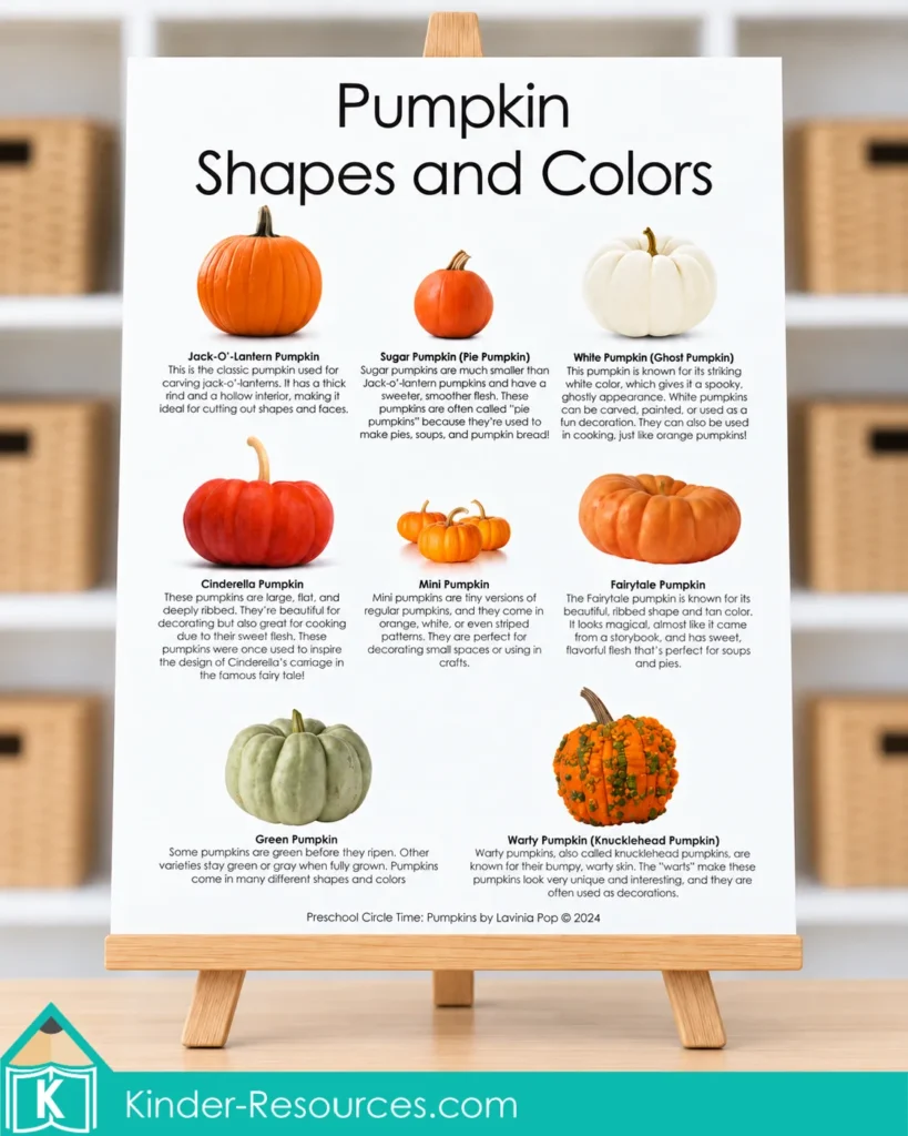 Pumpkin Shapes and Colors poster for comparing pumpkin varieties and building vocabulary during pumpkin circle time activities for preschool.
