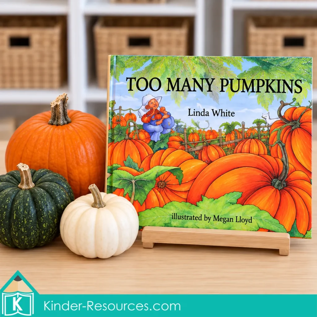 Too Many Pumpkins read aloud for listening and discussion during pumpkin circle time activities for preschool.