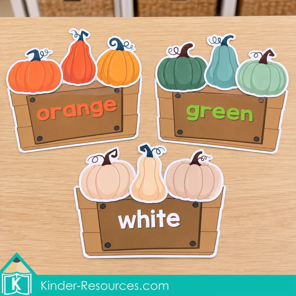 Pumpkin circle time activities for preschool with orange, green, and white sorting crates for color recognition.