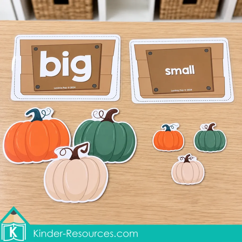 Pumpkin circle time activities for preschool with big and small pumpkin cards for comparing and sorting sizes.