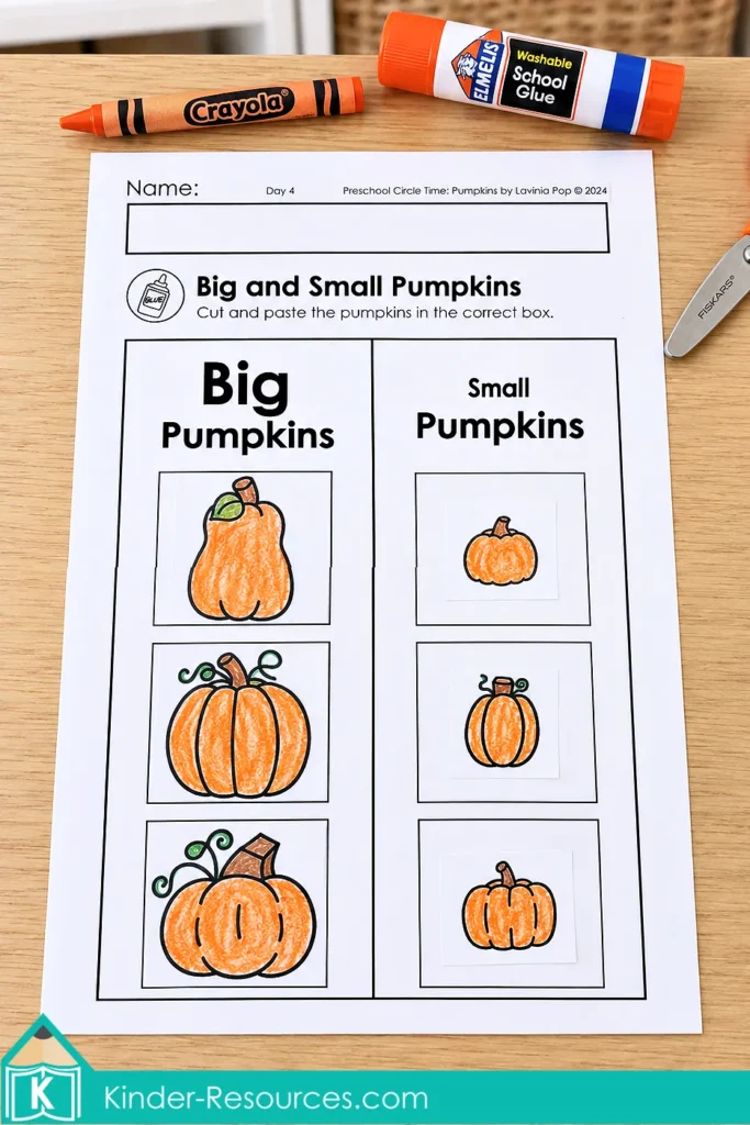 Big and small pumpkin cut and paste worksheet for size sorting during pumpkin circle time activities for preschool.