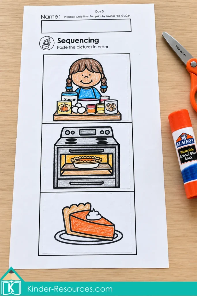 Pumpkin pie cut and paste worksheet for sequencing first, next, and last during pumpkin circle time activities for preschool.