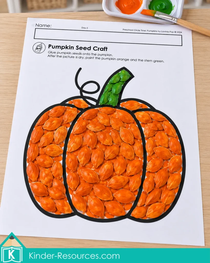 Pumpkin seed craft painted orange and green for art and fine motor practice during pumpkin circle time activities for preschool.