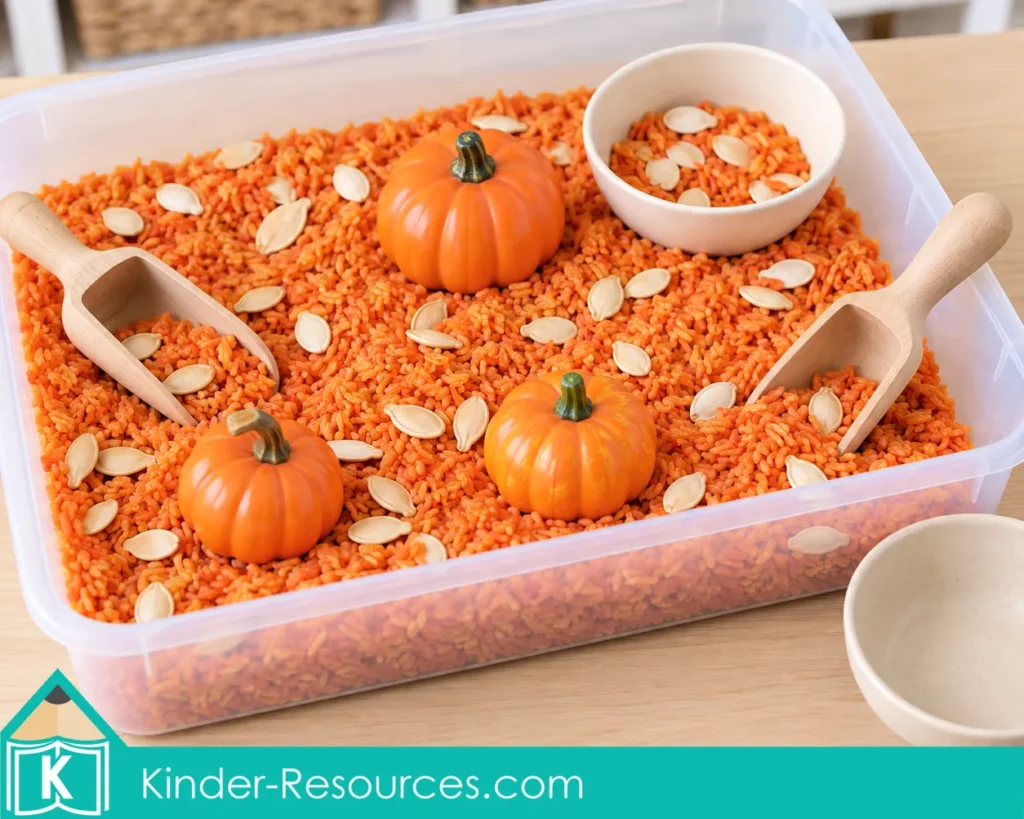 Pumpkin sensory bin with orange rice, seeds, toy pumpkins, and scoops for scooping and pouring during pumpkin circle time activities for preschool.