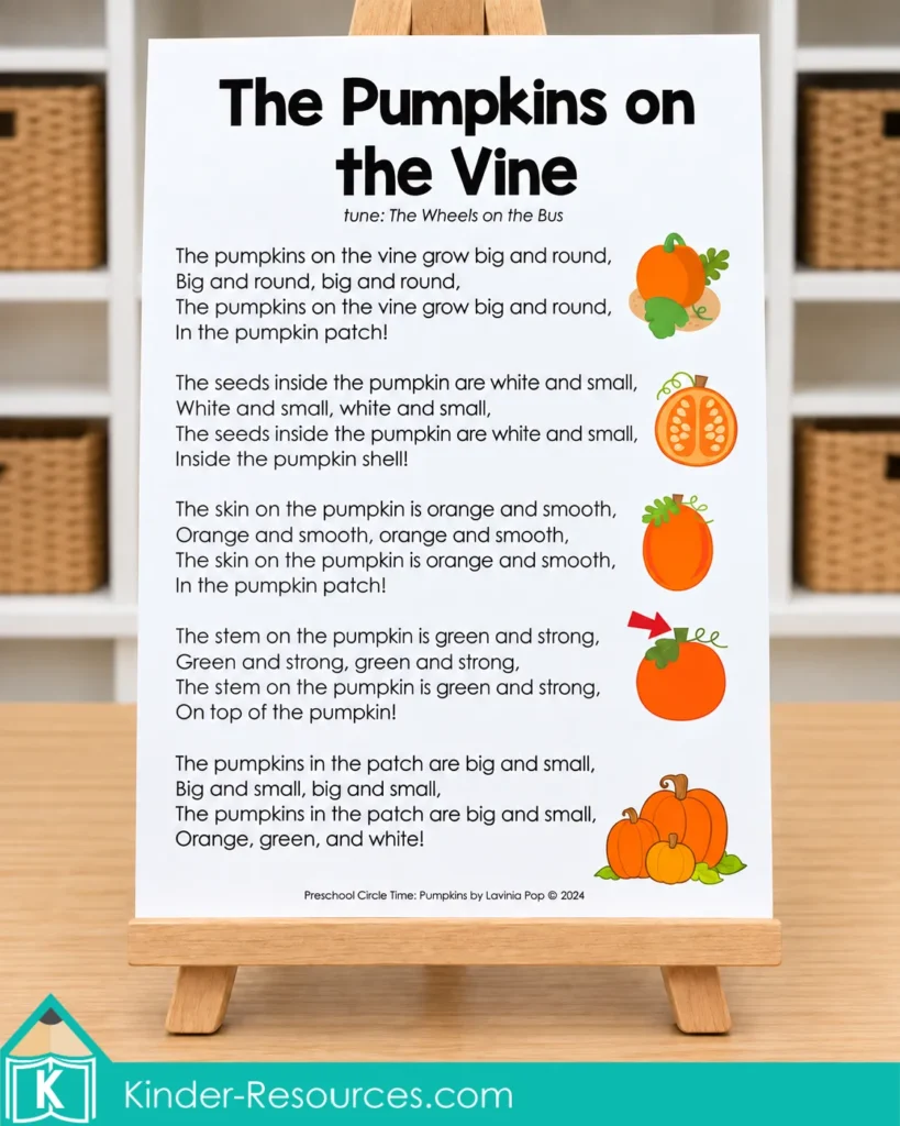 The Pumpkins on the Vine song poster for singing about pumpkin parts, colors, and sizes during pumpkin circle time activities for preschool.