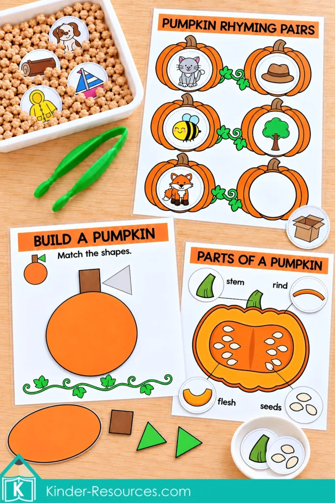 Pumpkin sensory bins for preschool featuring rhyming pairs, Build a Pumpkin shapes, and Parts of a Pumpkin science activities.