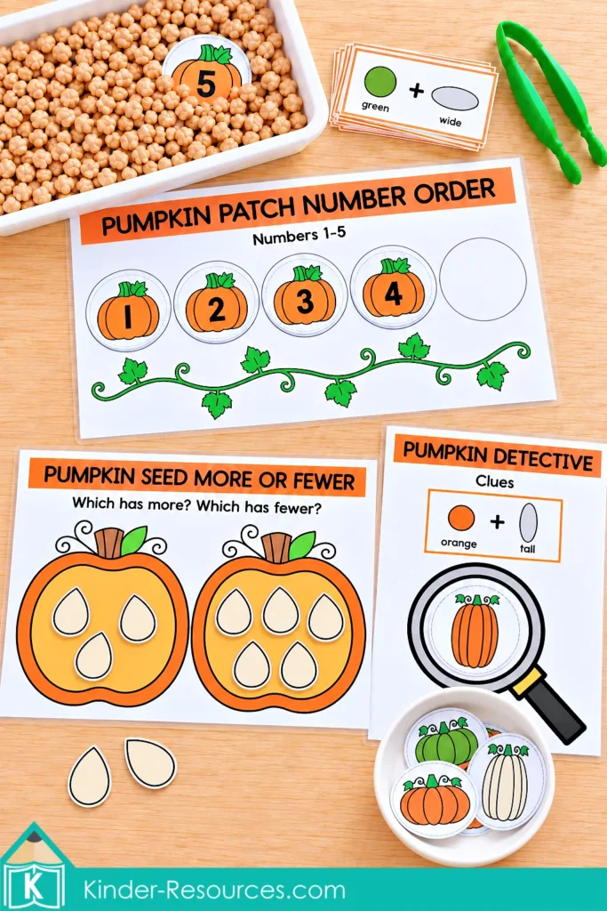 Pumpkin sensory bins for preschool with number order, more or fewer seed counting, and Pumpkin Detective color and shape activities.