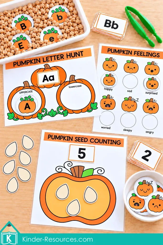 Pumpkin sensory bins for preschool with letter matching, pumpkin seed counting, and feelings activities for literacy, math, and social-emotional learning.