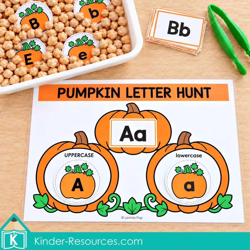 Preschool pumpkin letter hunt sensory bin activity matching uppercase and lowercase letters with pumpkin letter cards and a printable literacy mat.