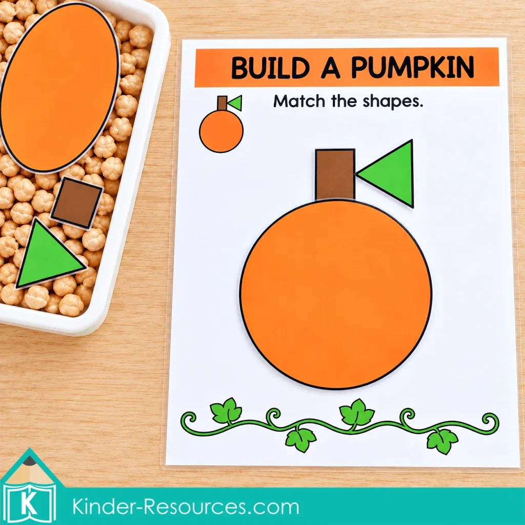 Preschool pumpkin sensory bin shape activity with children matching an oval, rectangle, and triangle to build a pumpkin.