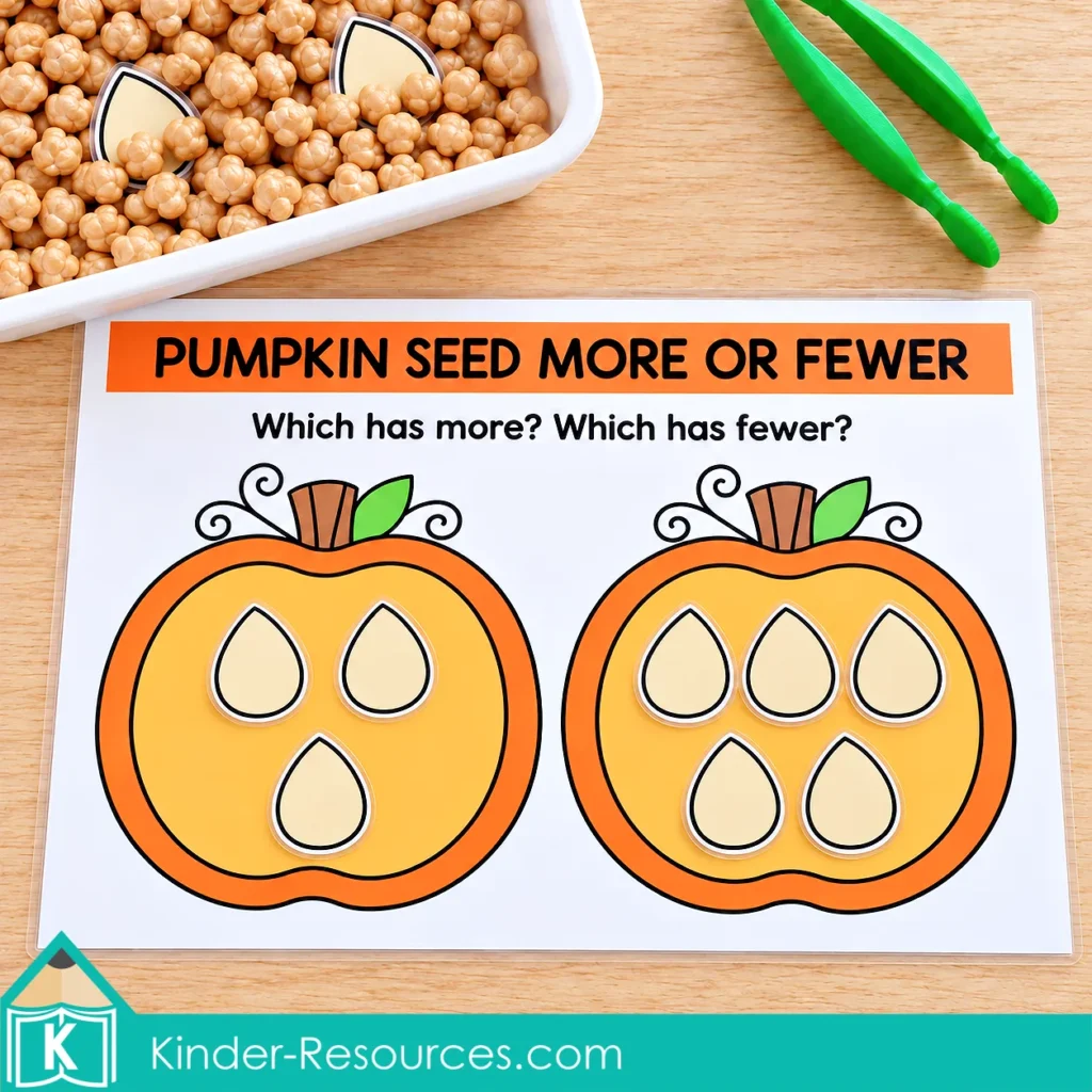 Preschool pumpkin sensory bin math activity comparing groups of pumpkin seeds to determine which pumpkin has more or fewer.