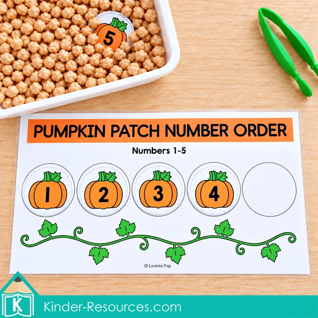 Pumpkin sensory bin for preschool with numbered pumpkins arranged in order to practice number recognition and sequencing from 1 to 5.