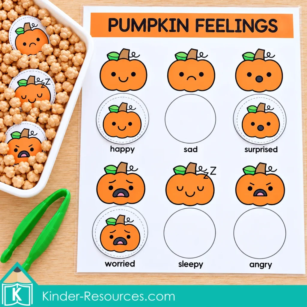 Preschool pumpkin feelings sensory bin activity matching happy, sad, surprised, worried, sleepy, and angry pumpkin faces.